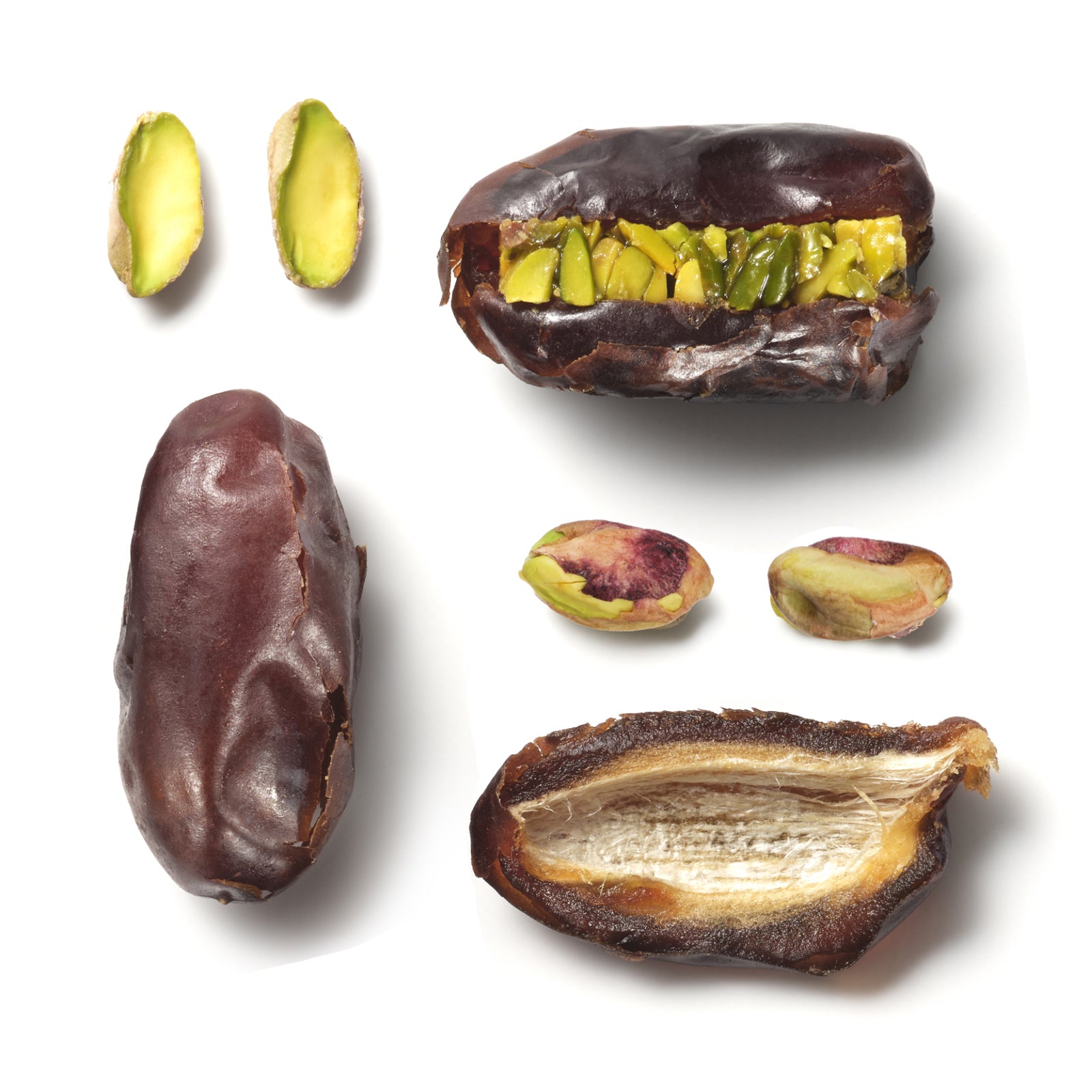 Components of the What a Date Pistachio dark date with pistachio: whole organic handpicked dates, pistachio pieces, and one finished hand-filled date. The flesh and fibres of the date are preserved in the finished product as each date is hand-pitted.